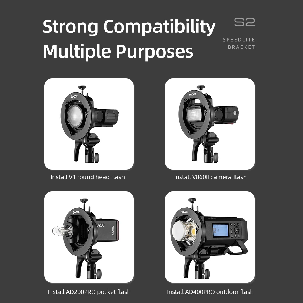 Фото Крепление для вспышки Godox S2 Bowens S-образный держатель кронштейн для Godox V1 V860II AD200 AD400PRO Speedlite вспышка тубус софтбокс №2