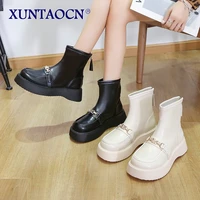 2022 winter genuine leather women boots fashion round toe chunky heel ankle boots platform shoes women shoes motorcycle boots
