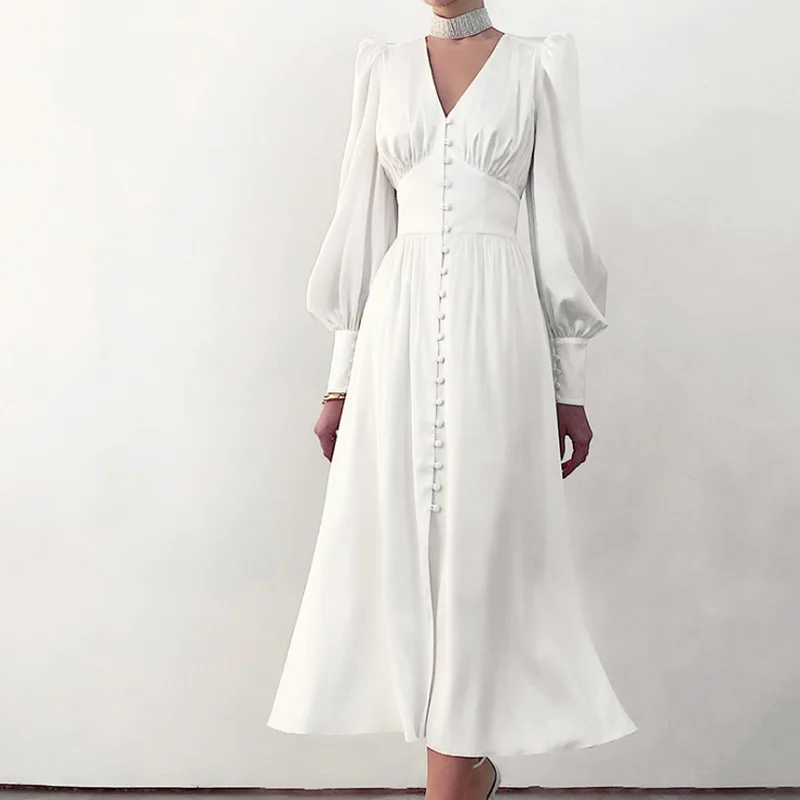 

2021 Spring New Satin Dresses Women Design Sense Lantern Sleeves Waist Slimming Temperament Slim Female Dress Office Lady Wears