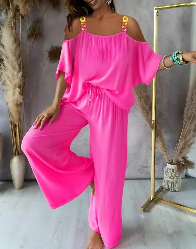 

2022 New Fashion 2 Piece Sets Women Outfits Casual Chain Decor Cold Shoulder Top & Drawstring Wide Leg Pants Set Female Set