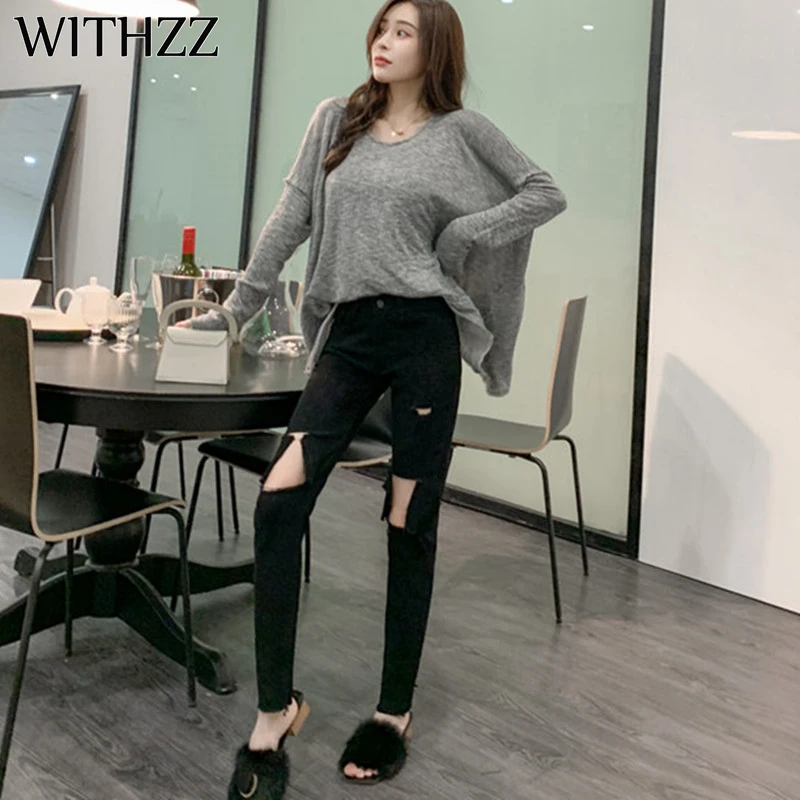 

WITHZZ Spring Autumn Women's High Waist Casual Hole Black Denim Slim Fashionable Pencil Pants Female Trousers Jeans
