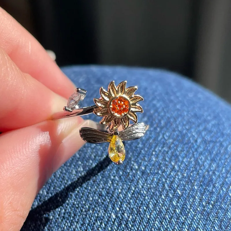 

Anxitey Ring Zircon Sunflower Bee Spinner Rings For Women Adjustable Fidget Anti Stress Ring 2022 Trendy Jewelry Free Shipping