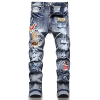 motorcycle pants blue 2022 denim long punk jeans men trendy patchwork pattern ripped street custom clothing