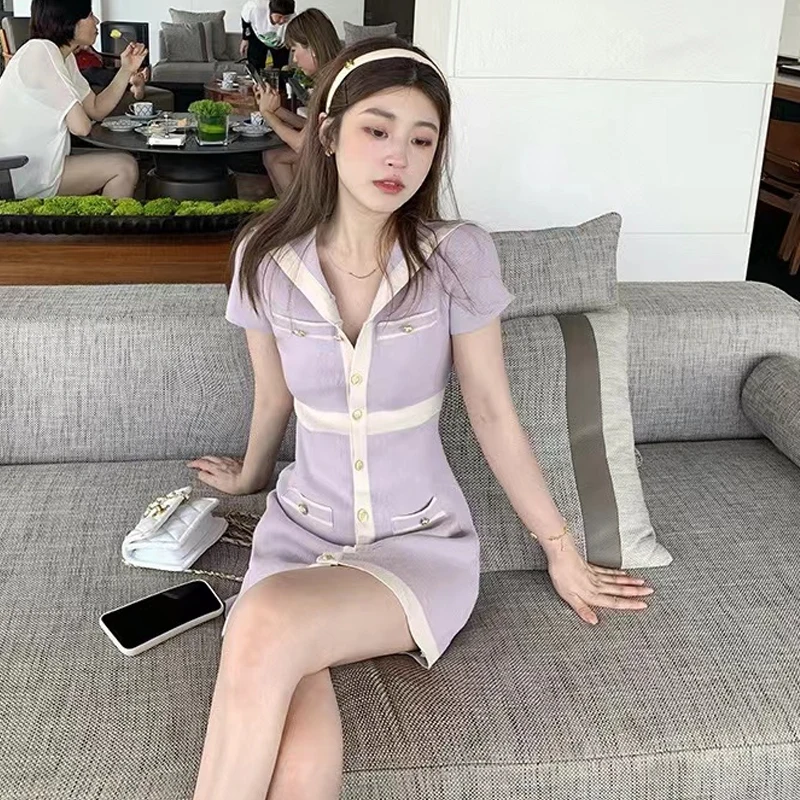 

2022 Summer New Knitted Dress French Sexy Slim Navy Collar Y2k Mini Dress Korean Elegant One Piece Lolita Sweater Women Dresses