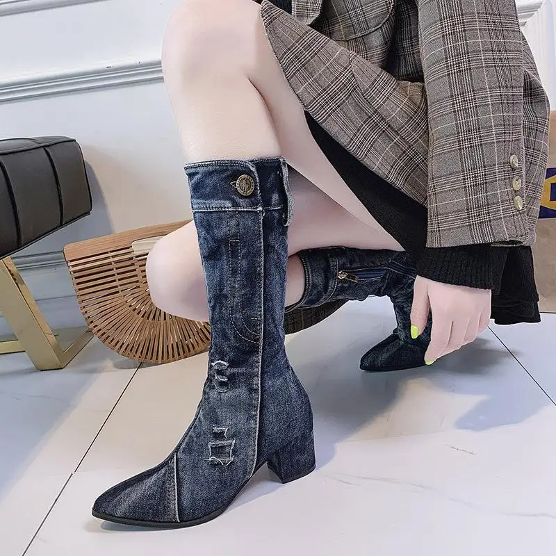 

Women Chunky Denim Mid-Calf Boots Block High Heels Boots Winter Fashion Cowboy Western Boots Thick Heels Shoes Bota Feminina