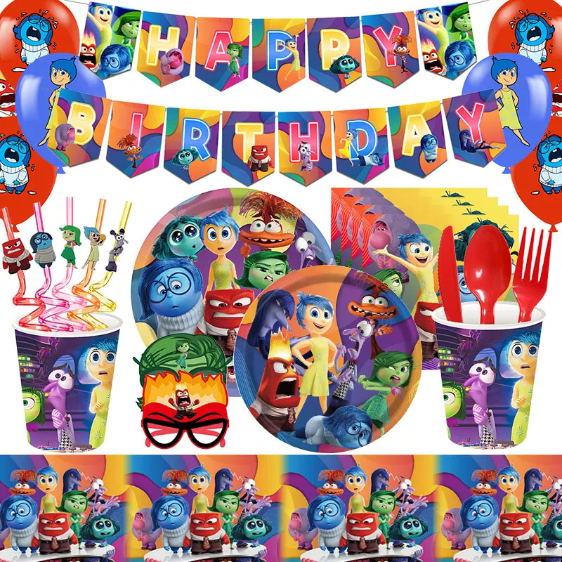 Фото Набор для вечеринки по случаю дня рождения Inside Out 2, воздушные шары для дня рождения, одноразовая посуда, тарелки, салфетки для чашек, подарочные принадлежности для детской вечеринки №1