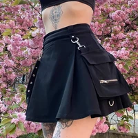 tooling waist chain zipper pockets mini skirt girls punk gothic stree style high waist belt irregular pleated a line women skirt