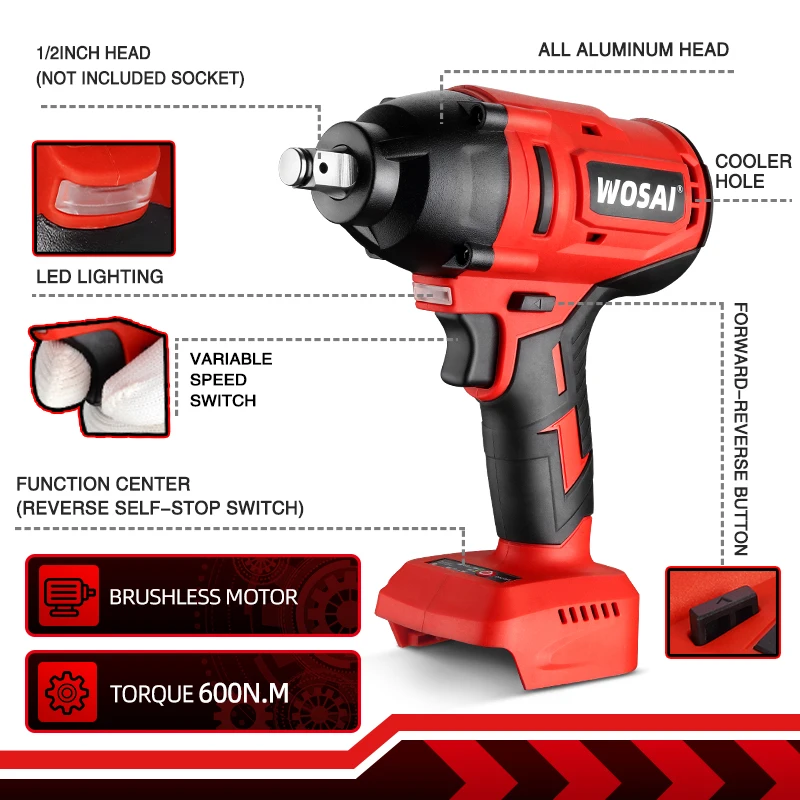 WOSAI 600N.m бесщеточный ударный ключ 20 в электрический перезаряжаемый 1/2 дюймовый