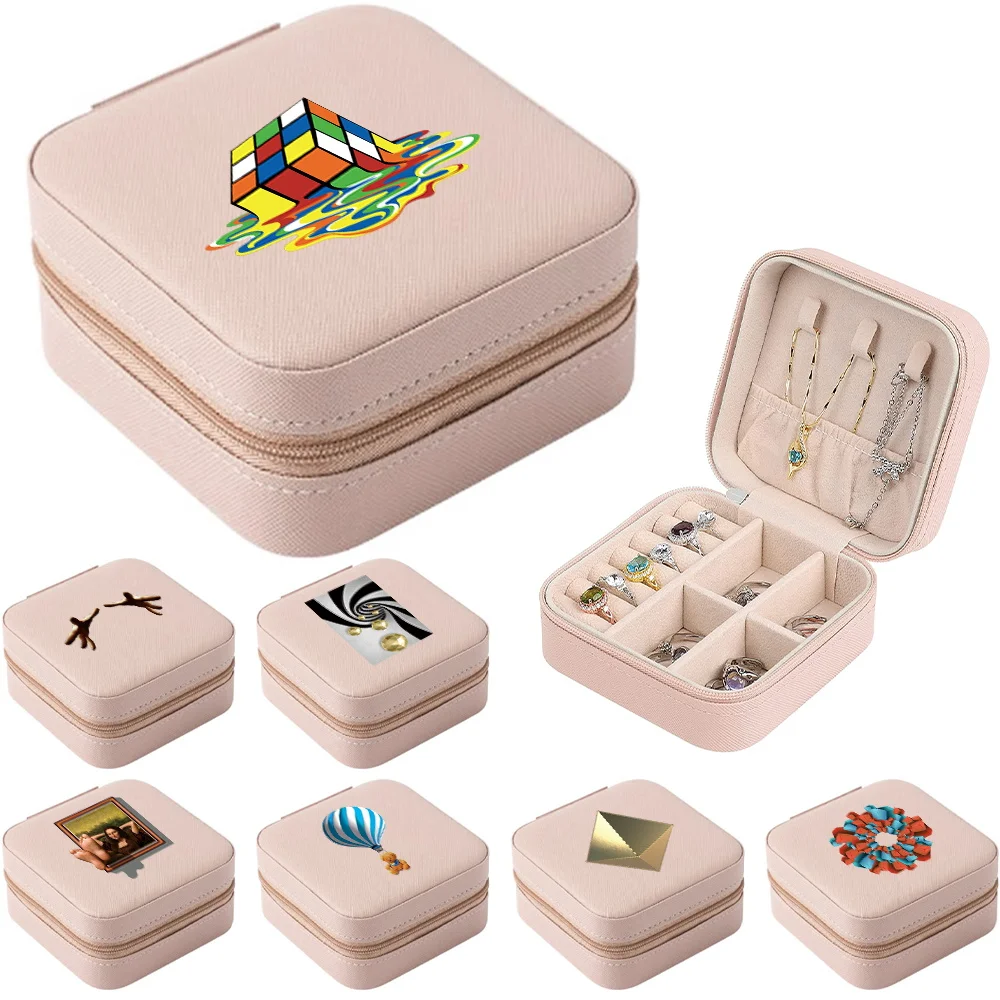 

Portable Jewelry Storage Box 3D Print Travel Organizer Jewelry Case Leather Earrings Necklace Ring Jewelry Organizer Display