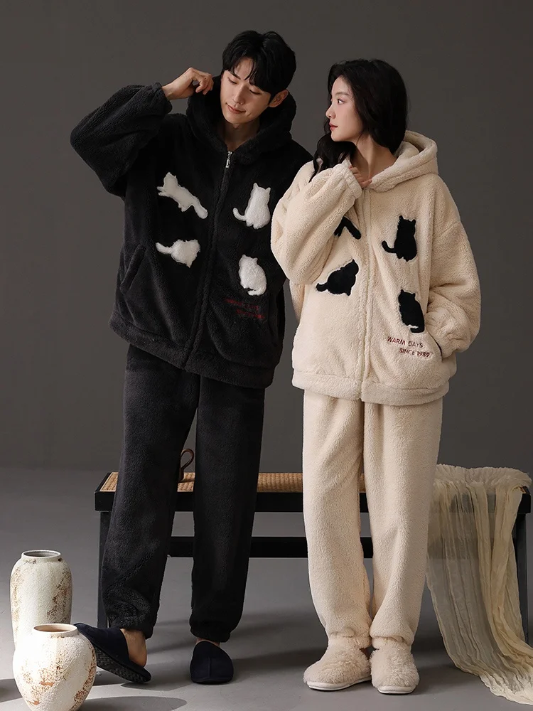 Пижамы для пар осенне-зимние женские коралловые флисовые утолщенные подкладки