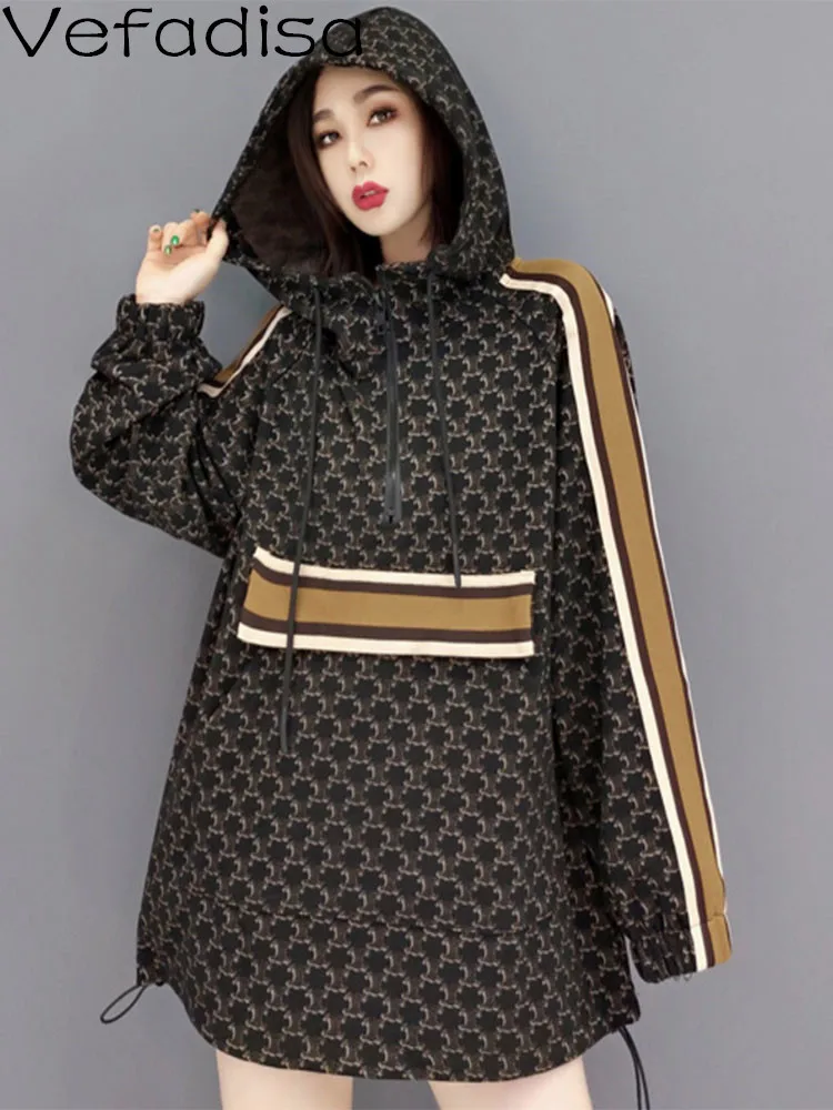 

Vefadisa Women Stripe Printing Shrink Rope Sweatshirt Loose Long Sleeves Hooded Pullover Sweatshirt 2023 Spring Autumn LHX1461