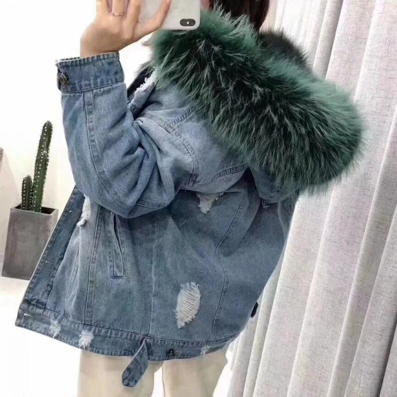 Parka Women's Mid-Length Denim Shell Fox Liner Fur Coat for Women100%Genuine fur street cowboy