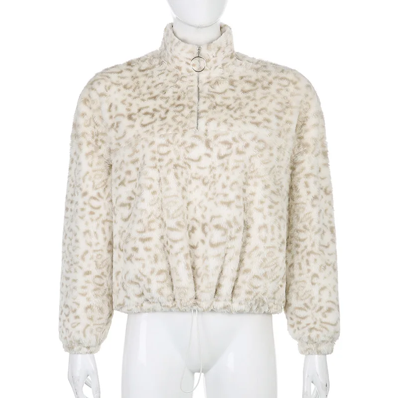 2023 New Ladies British Style Leopard Print Fleece Stand-up Collar Zipper Sweater Ladies Pullover Warm Top Winter