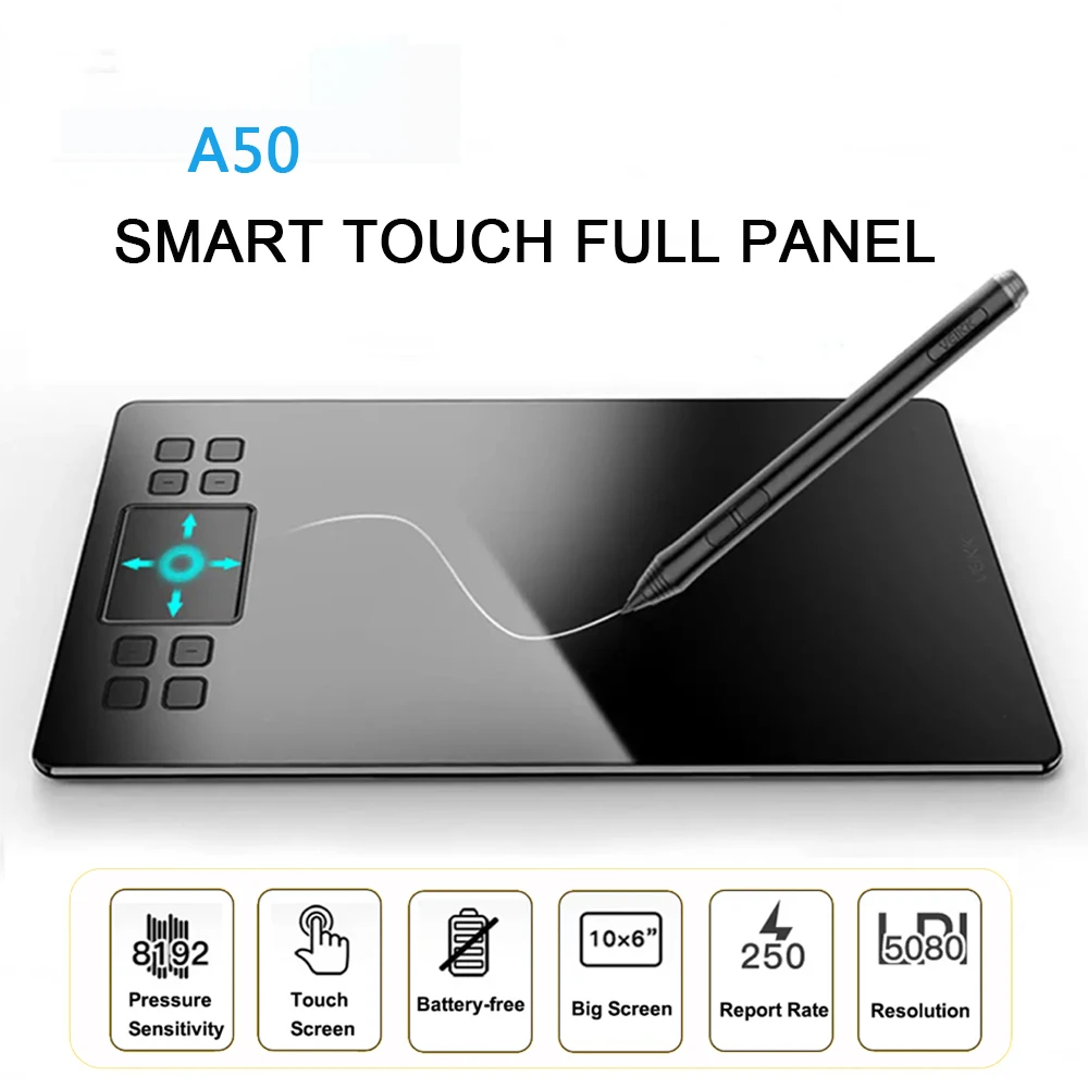 

A50 10 inch Graphics Tablet Drawing board 8192 levels Battery-Free Passive Pen Pressure Sensitivity for Digital Tablet