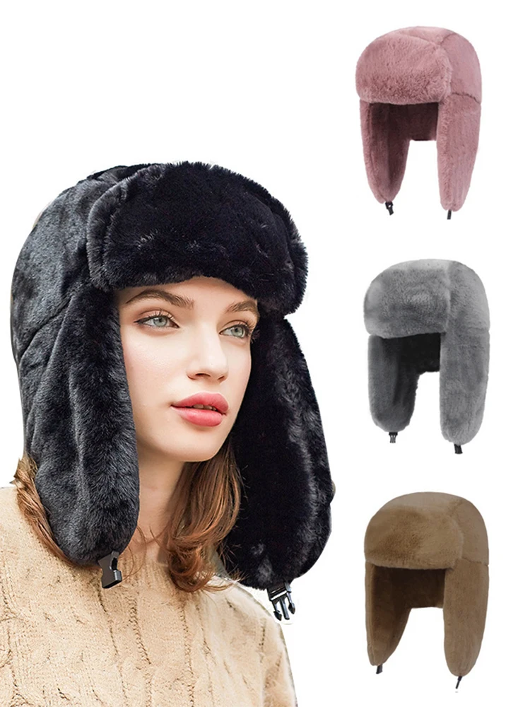 

CUHAKCI Windproof Ear Cap Women Hat 2022 Winter Russian Ushanka Female Thicken Cold Solid WarmerEarflaps Adjustable Unisex