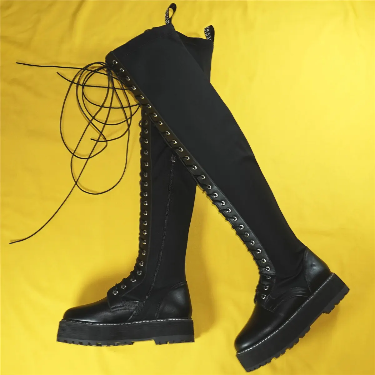 Black Fashion Sneakers Women Lace Up Stretch Fabric Over The Knee Thigh High Boots Female Round Toe Platform Pumps Casual Shoes