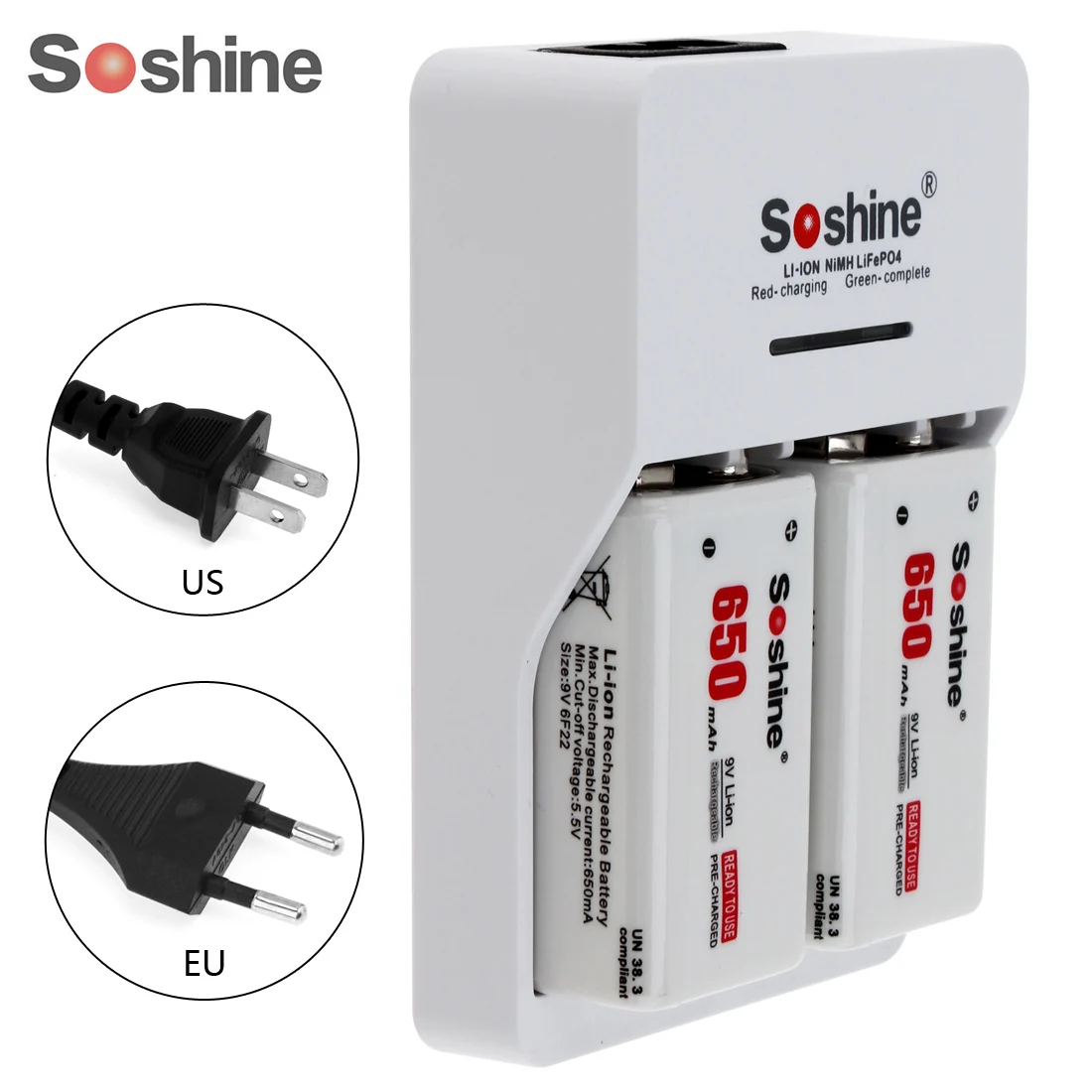 

2pcs Soshine 9V 6F22 680mAh Li-ion Rechargeable Battery + 9V Smart Charger with LED Indicator Built-in Protection Device