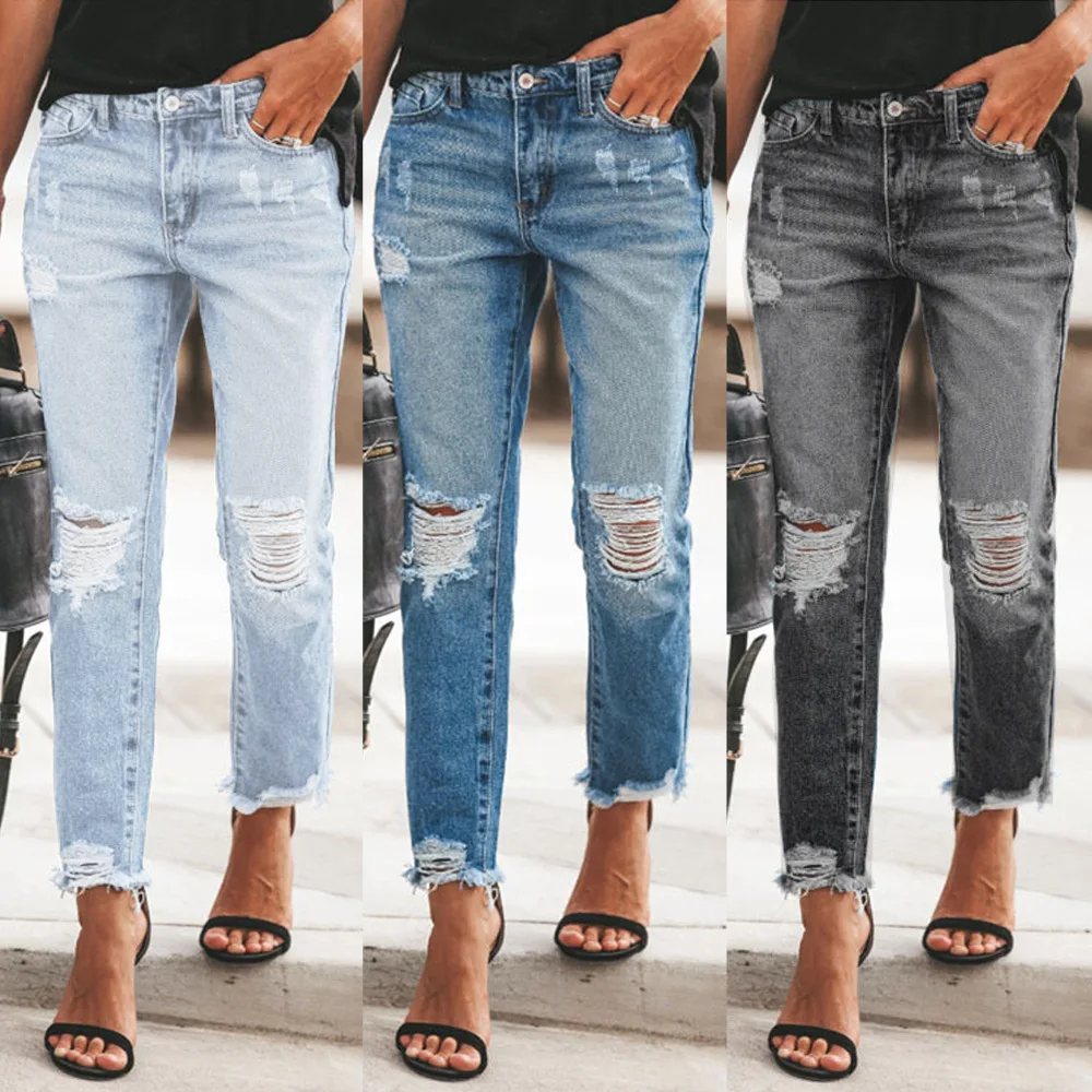 

2023 Summer New Denim Style Perforated Pants Women's Casual Pants