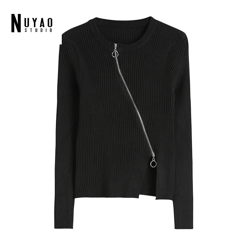 

Oblique Fashion Zipper Sexy New Autumn Winter Solid Stretch Knitted Pullover Female Jumper Tops Cardigan Sweater