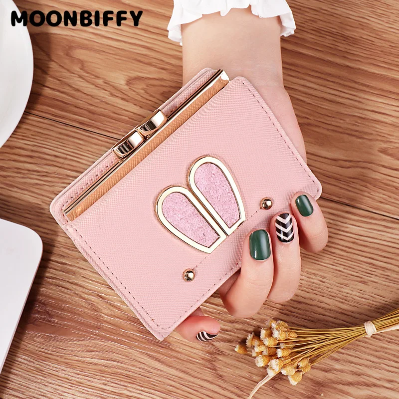 

Short Cartoon Women Wallets Three Fold Rabbit Ears Hasp Coin Purses Female Pu Leather Sequins Solid Color Card Holder Clutch Bag