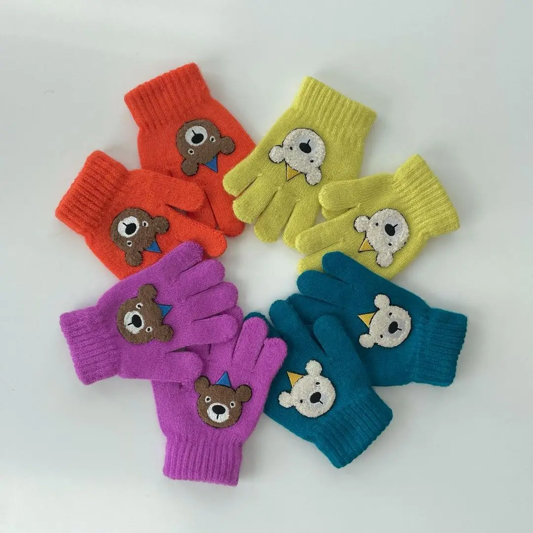 

Baby Gloves Soft Knitted Cute Cartoon Bear Pattern Five Finger Gloves Winter Outdoor Windproof Keep Warm Cozy Kids Accessories