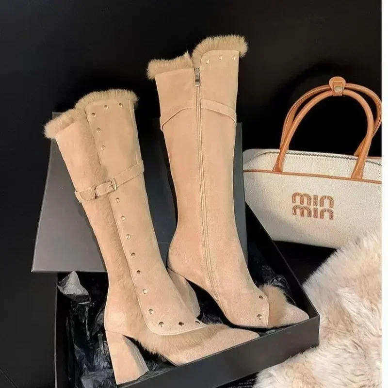 Элегантные женские высокие сапоги на меху замшевые туфли до колена высоком