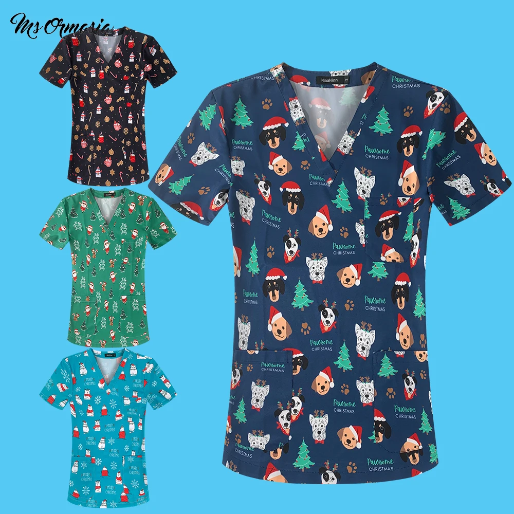 

Printing Nurse Uniform 4 Style Medical Operating Room Workwear Doctor Nursing Uniform Cleaning Protective Clothing Tops Scrubs