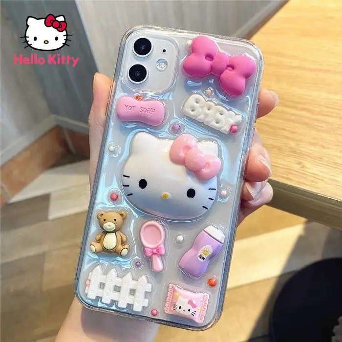 Hello Kitty-funda de silicona transparente con dibujos animados para IPhone, protector de silicona con diseño tridimensional para IPhone 6S/7/8P/X/XR/XS/XSMAX/11/12Pro/12mini