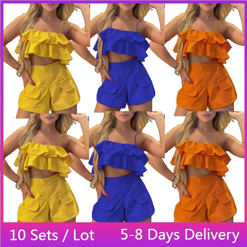 

Оптовая продажа товаров для бизнеса, одежда оптом, Соблазнительный комплект из двух предметов с рюшами, женские шорты и топ, шорты, подходящие комплекты одежды