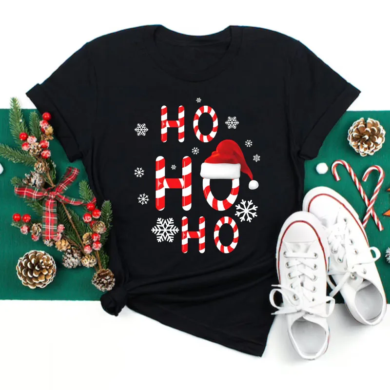 

Ho Ho Ho Print Women T Shirt Cute Plaid Christmas Holiday Fashion Cartoon Santa Claus Top Tee Tshirt Lady Female Graphic T-Shirt