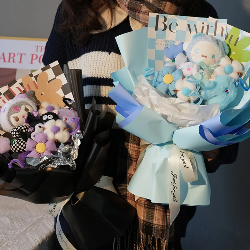 

Kawaii Sanrios Hello Kittys Bouquet Kuromi Cinnamoroll Pochacco Anime Flower Bouquet Cartoon Plush Doll Toy Girl Birthday Gifts