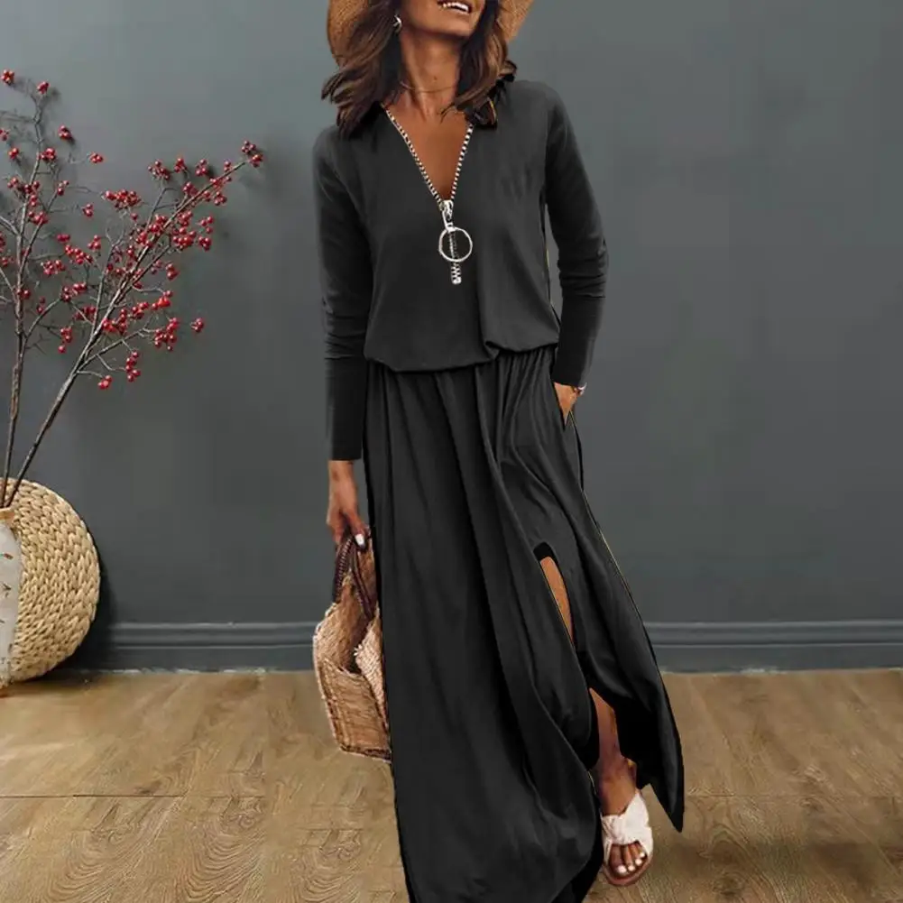 

Ladies Dress Breathable Maxi Dress Chic V-neck Maxi Dresses with Soft Pleats Split Hem for Women Elegant Ankle-length