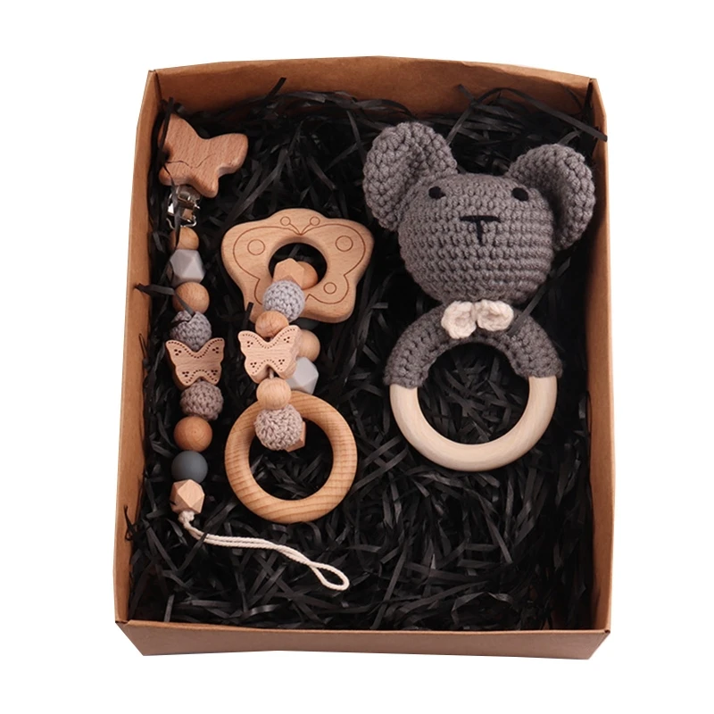 Q1FE 3pcs/set Baby Rattle Wooden Crochet Bear Bells Music Teething Bracelet Pacifier