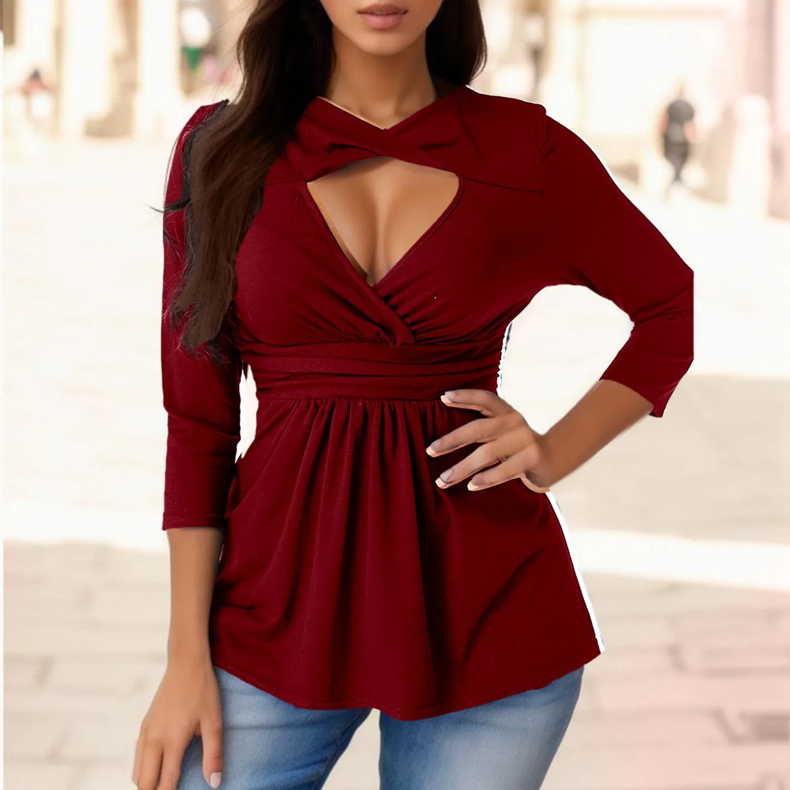 

Women's Hollow Out Waist Slim V Neck Midi Dress With Short Sleeves Sweater Dresses