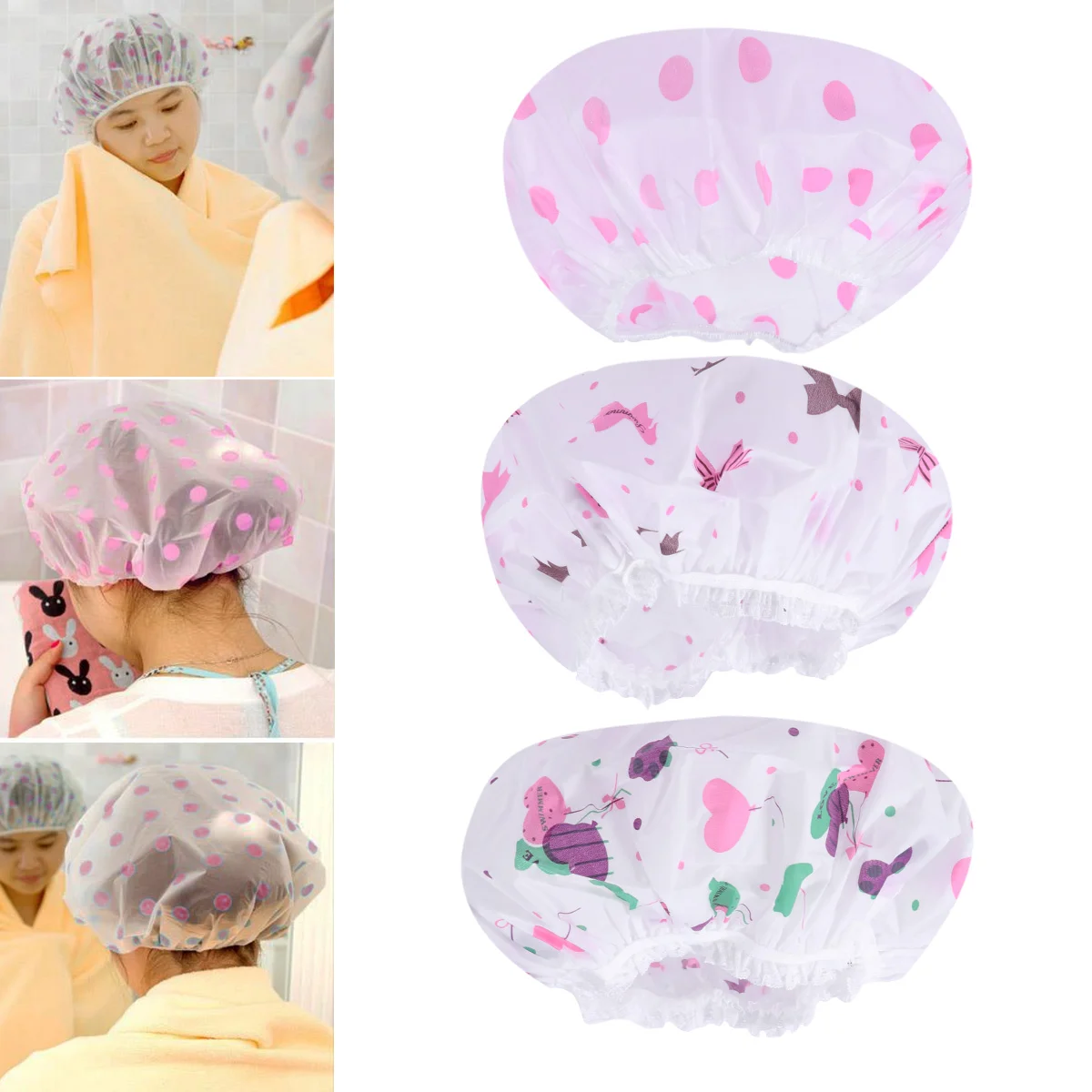 

Shower Cap Caps Bath Hat Hair Spa Reusable Elastic Printed Hotel Pvc Accessories Women Resistant Water Salon Band Bathing Lady