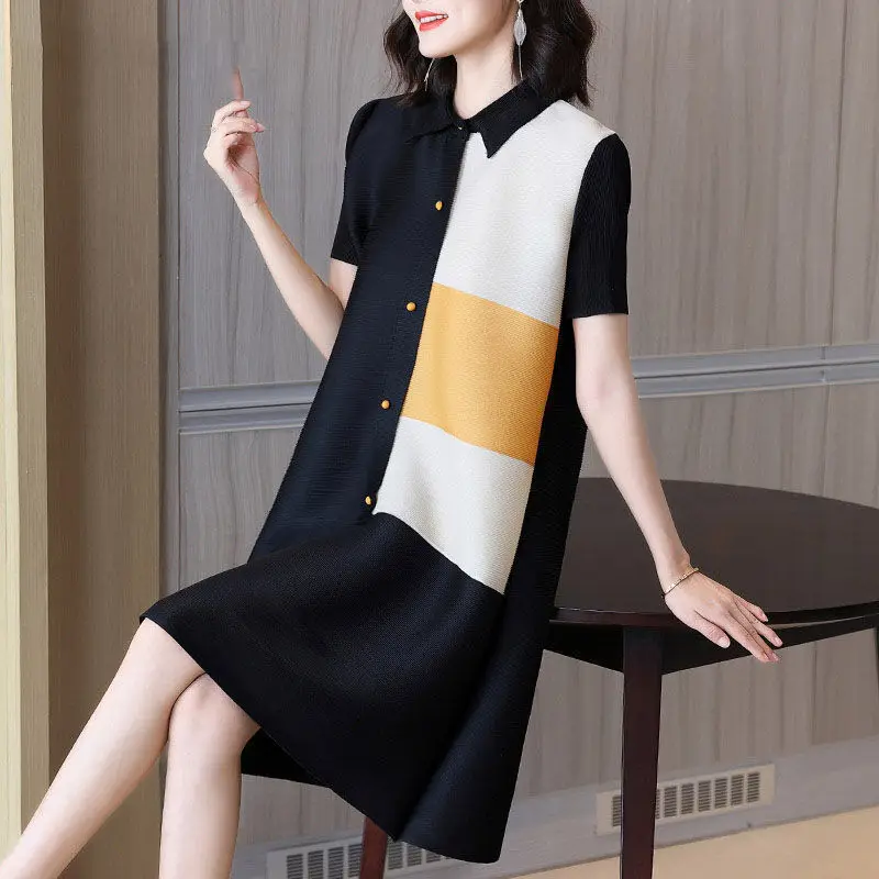 

Dress female 2022 summer design sense age-reducing loose simple short sleeve stitching color POLO collar casual mid-length dress