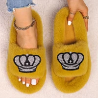 women winter faux fur indoor slippers rhinestone drilling crown cloth plush sandals cross strap flats female furry footwear