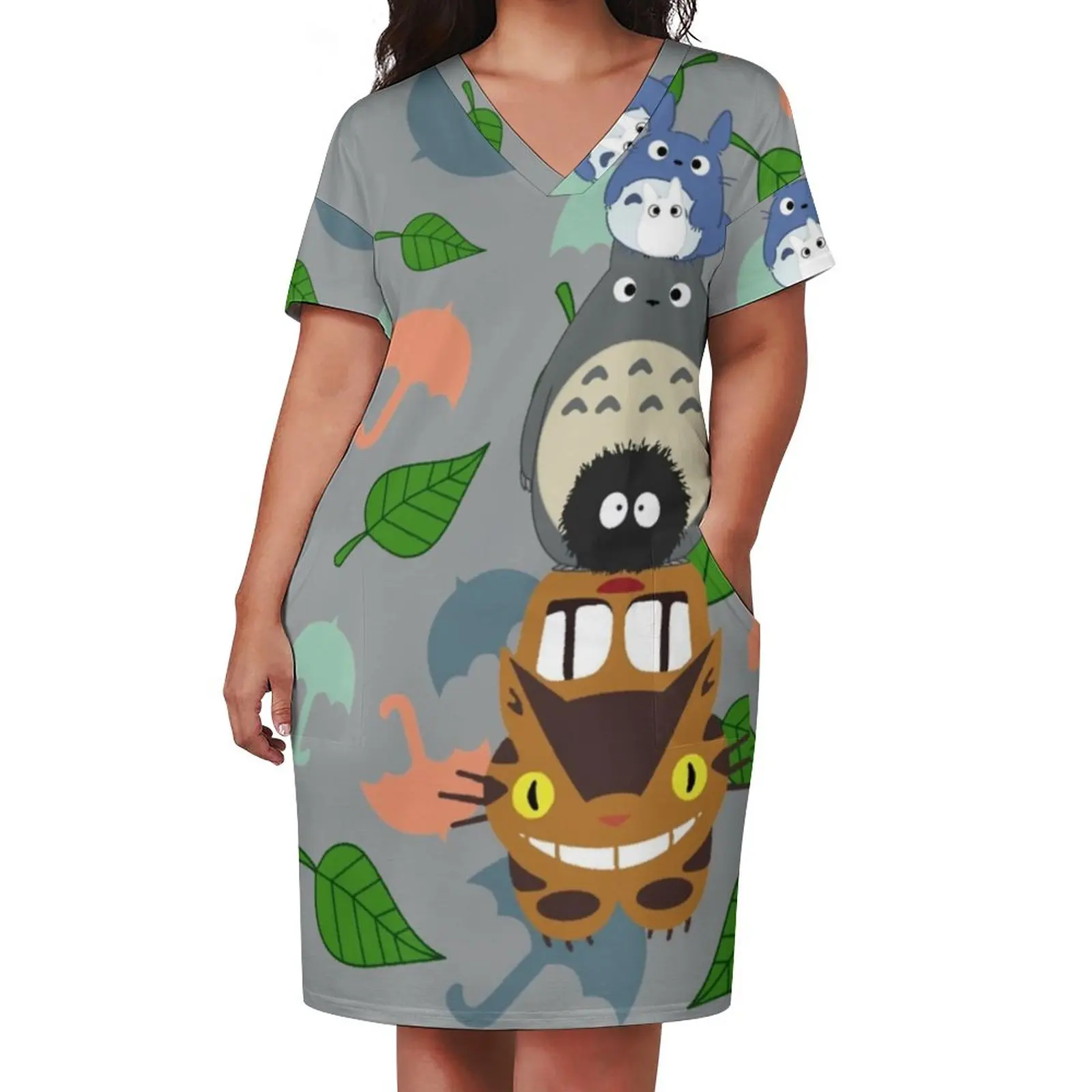 Totem Totoro Dress V Neck Umbrella Leaves Print Cute Dresses Female Korean Fashion Graphic Casual Dress With Pockets Plus Size