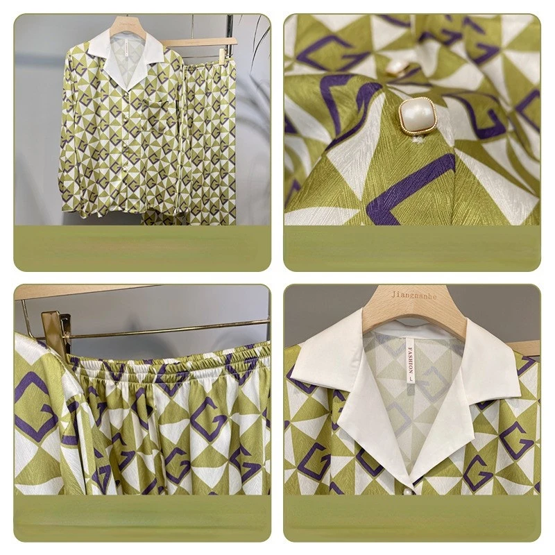 Women's 2 Piece Pajamas Sets Soft Cute Plaid Pijama Faux Silk Satin Pyjama Female Sleepwear Long Sleeve Shirt Trouser Homewear