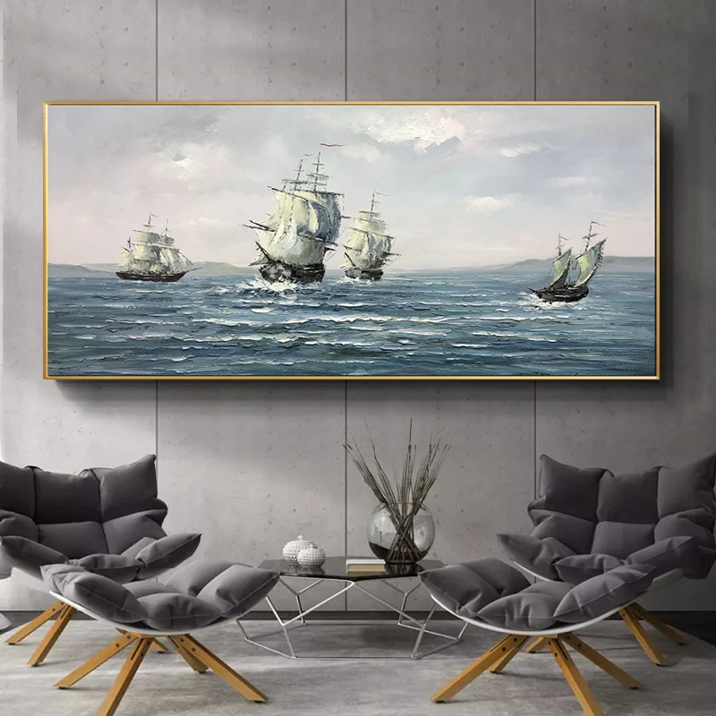 

Hand Painted Sailboat Horizontal Painting Sofa Background Wall Decoration Painting Office Mural Handmade Custom