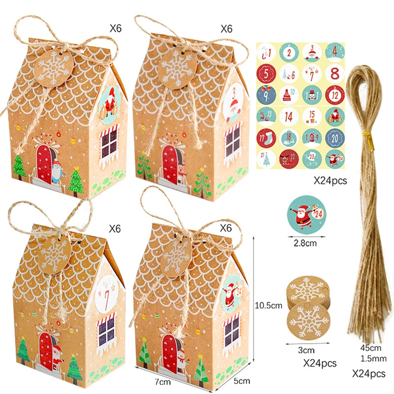 

24 PCS Christmas House Gift Box Kraft Paper Cookies Candy Bag Snowflake Tags 1-24 Advent Calendar Stickers Hemp Rope Party