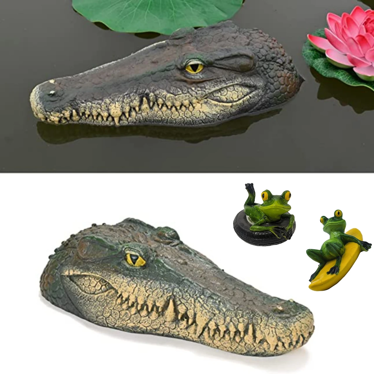 Garden water floating animal statue crafts, pond floating crocodile head, frog, outdoor swimming pool, koi pond decoration.