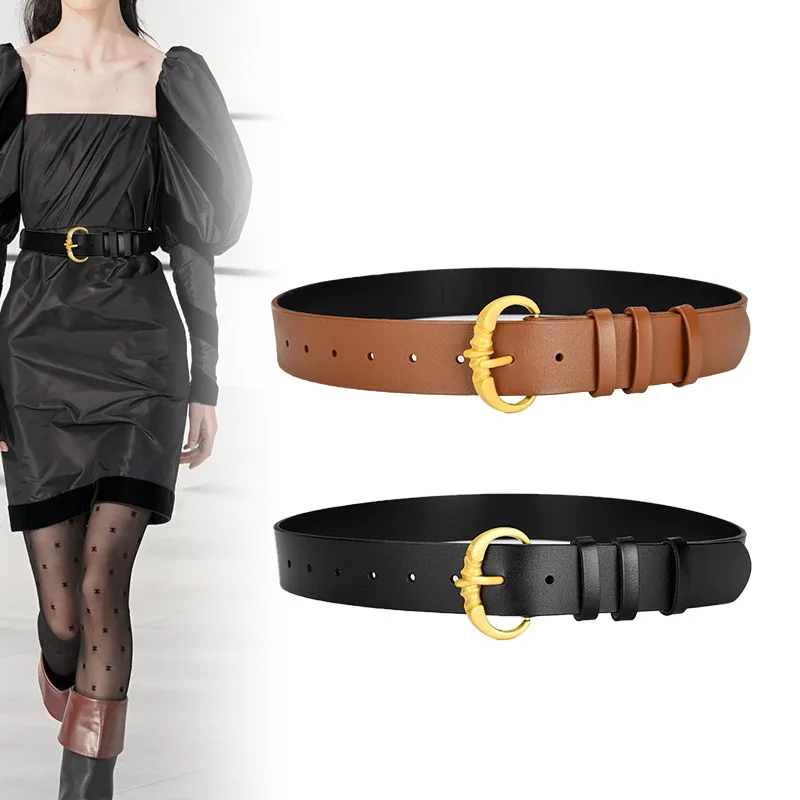 New Belt Women's Genuine Leather Belt with Windbreaker Long Dress Needle Buckle Cowhide Vintage Belt
