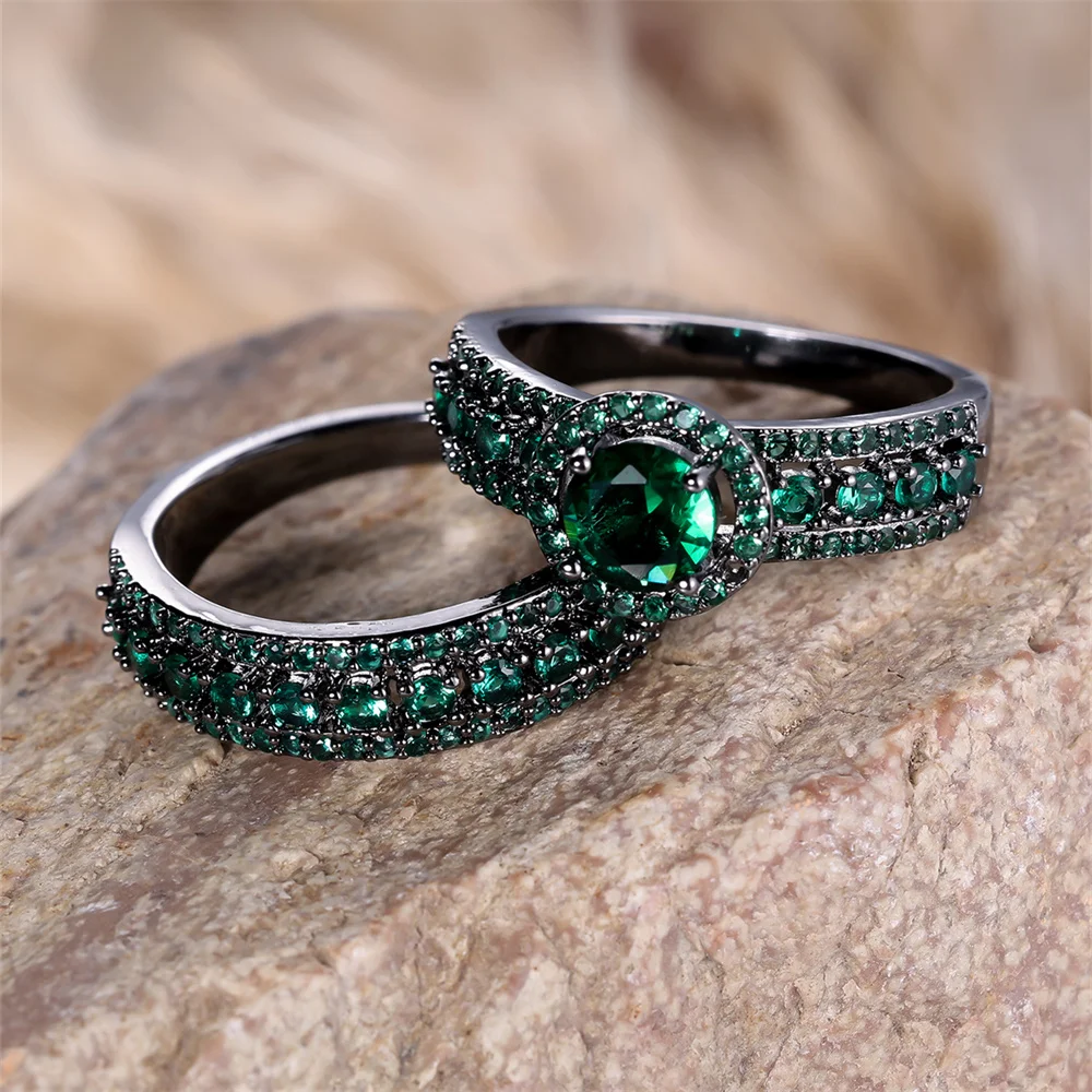 Роскошный Комплект Двойных Колец С Круглым Фианитом И Кристаллами Зеленого