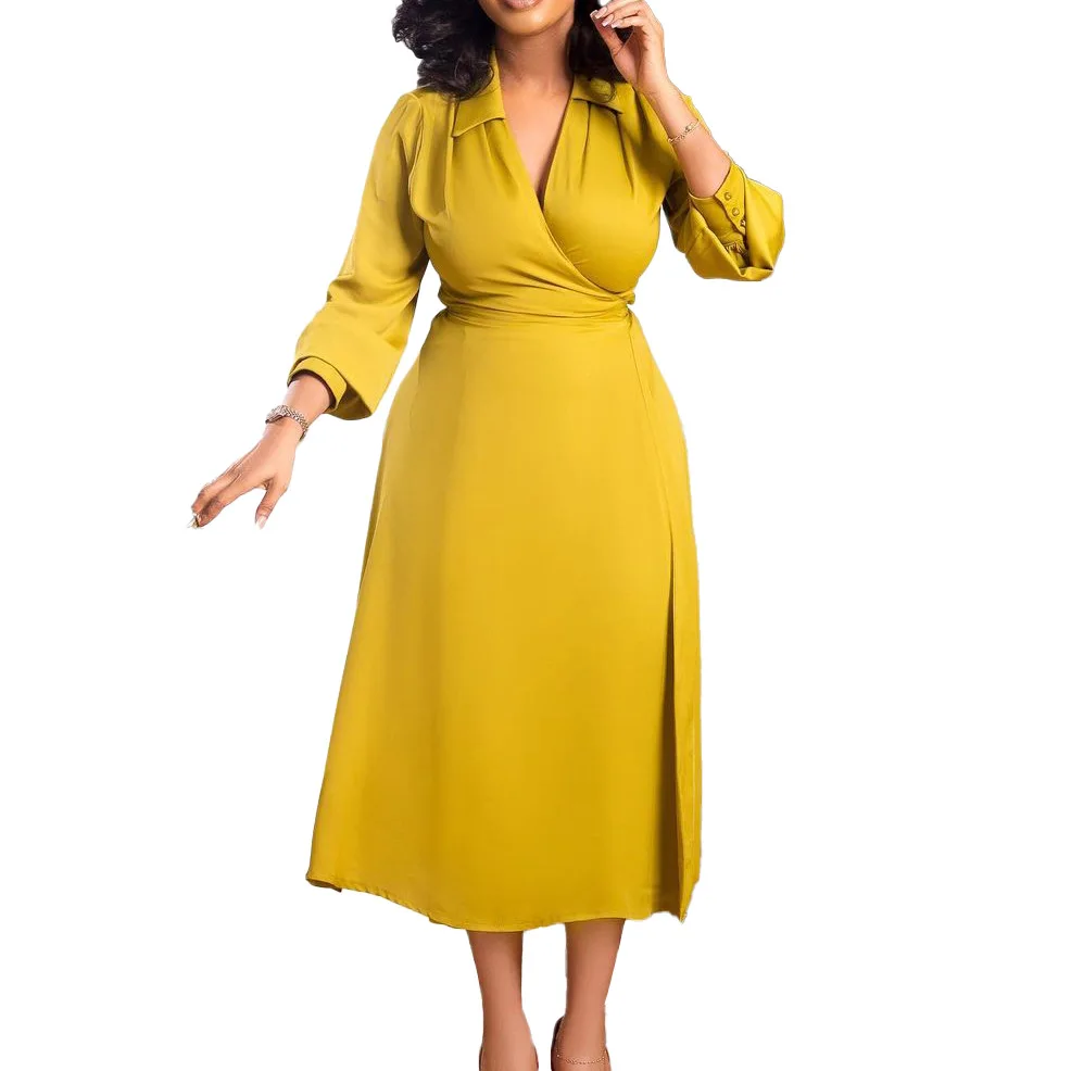 

022 The New Solid Color V Collar Long Sleeve Mini Women Dress