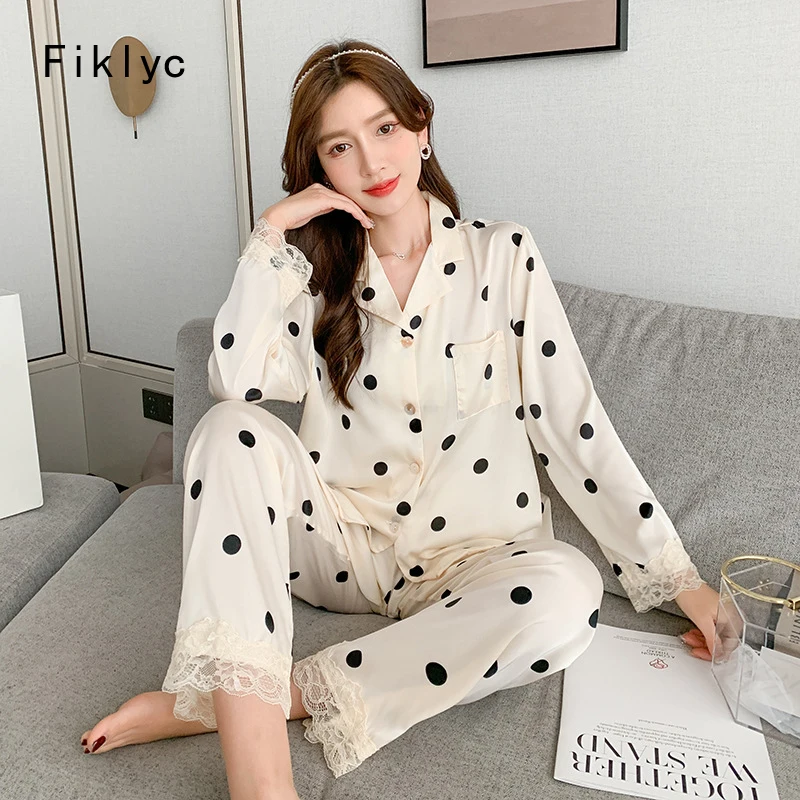 

Fiklyc Cute Women Lace Cut Sleeve Trousers Dot Sweet Pajamas Sets Fashion Female Turn Down Cardigan Ice Silk Underwear
