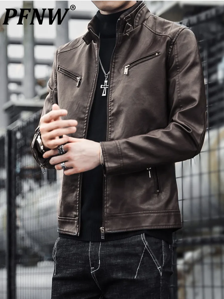 

PFNW осенне-зимние новые плюшевые кожаные куртки, трендовые тонкие куртки, молодежные утепленные мотоциклетные пальто с воротником-стойкой ...