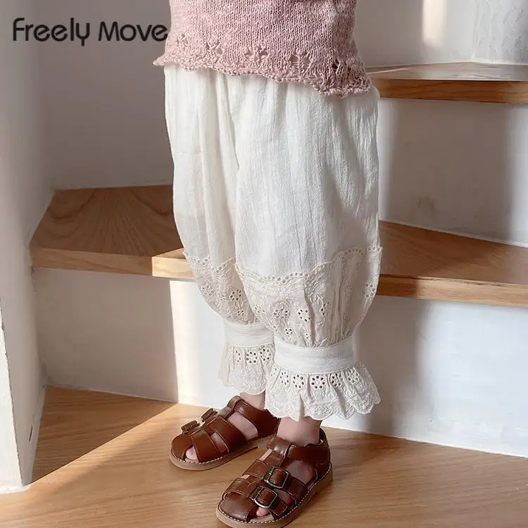 

Freely Move Children's Pants For Girls Clothes Lace Baby Anti-mosquito Wide-leg Pant Floral Trousers Solid Color 2022 Summer