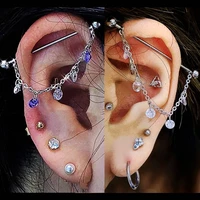 crystal chain ear industrial piercing barbell earrings cartilage jewelry helix pierc stainless steel body piercing 14g gauge