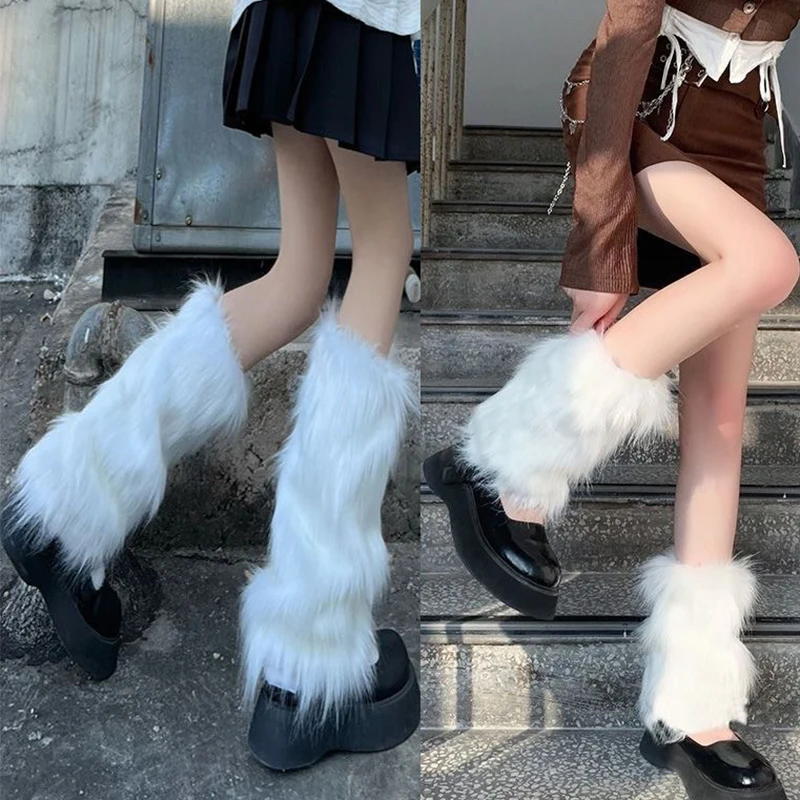 

Furry Leg Warmers Y2K Goth White Faux Fur Leg Warmers Boot Covers Lady Cute Jk Knee-length Hipster Warm Sock Fashion Socks